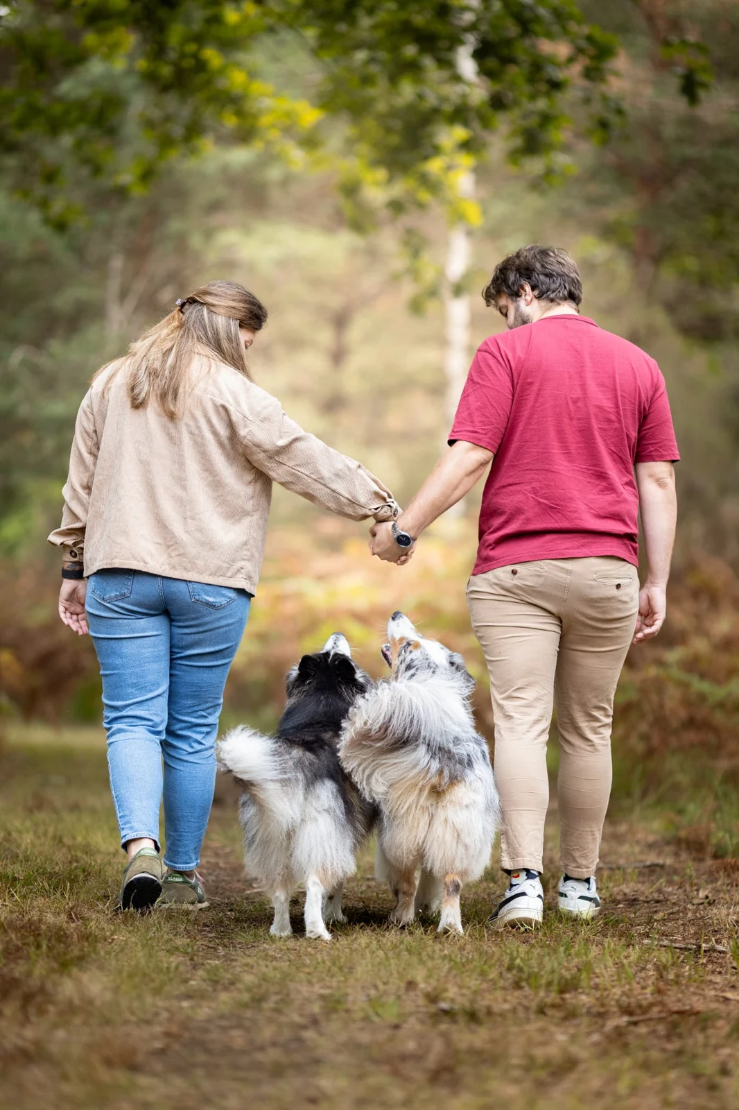Couple en promenade avec ses chiens